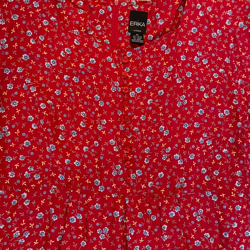 Erika Woman Red Floral Midi Dress Cottagecore 2X Pockets Prairie Plus Size - Picture 4 of 10